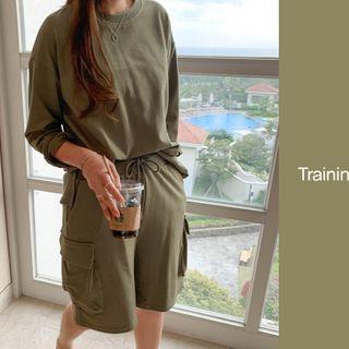 T-shirt & Cargo-pocket Sweatshorts Set Khaki - One Size