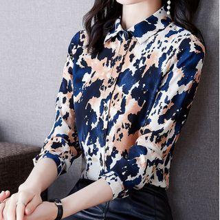 Elbow-sleeve Dye Print Blouse