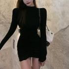 Long-sleeve Mock-neck Ruched Mini Bodycon Dress
