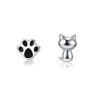Sterling Silver Simple Cute Black Cat Paw Asymmetrical Stud Earrings Silver - One Size