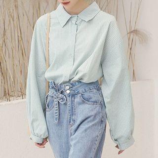 Lantern-sleeve Plaid Shirt Green - One Size