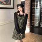 Long-sleeve Check Slim-fit Dress Green & Black - One Size