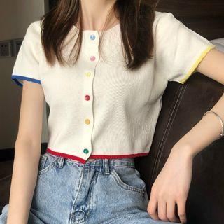 Contrast Trim Button-detail Short-sleeve Cropped Top