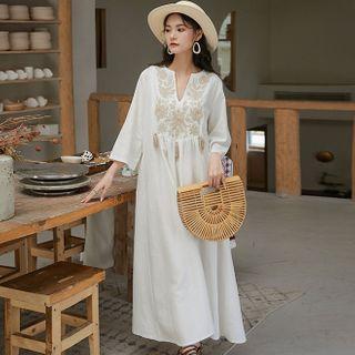 Long-sleeve Embroidered Maxi A-line Linen Blend Dress