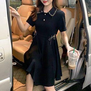 Short-sleeve Mini A-line Polo Dress Black - One Size