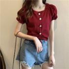 Puff-sleeve Frill Trim Faux Pearl Drawstring Cropped Knit Top