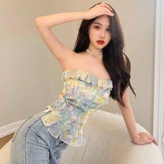 Ruffle Trim Tie-dyed Tube Top Blue - One Size