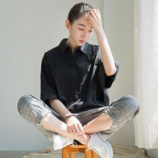 Elbow-sleeve Mesh Panel Shirt