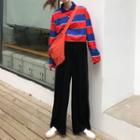 Long-sleeve Striped Polo-shirt / Wide Leg Pants