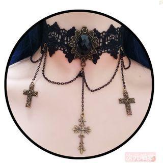 Cross Pendant Faux Crystal Lace Choker Black - One Size