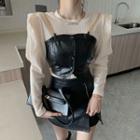 Blouse / Spaghetti Strap Faux Leather Top / Mini Fitted Skirt