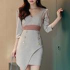 3/4-sleeve Double-breasted Dress