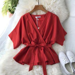 Elbow-sleeve Wrap Chiffon Top