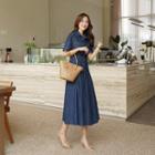 Stitched Godet Maxi Denim Godet Dress Blue - One Size