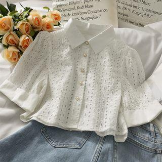 Eyelet Sheer Crop Shirt White - One Size