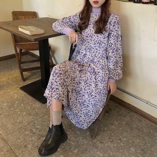 Long-sleeve Mock Neck Plain Top / Long-sleeve Floral Printed Dress