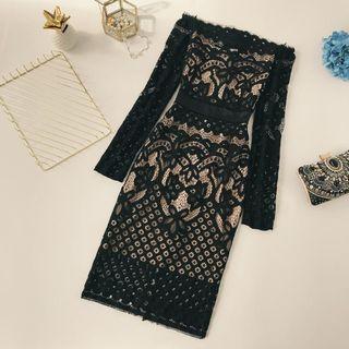 Off-shoulder Long-sleeve Lace Cocktail Dress