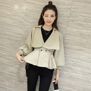 Single-breasted Gathered-waist Long-sleeved Sheath V-neck Plain Slim Coat