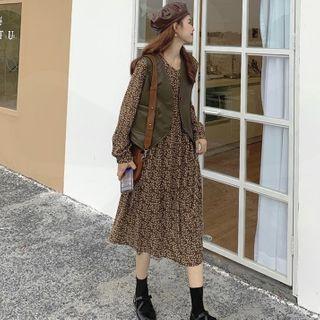 Floral Print Long-sleeve Midi A-line Dress / Single-breasted Vest