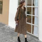 Floral Print Long-sleeve Midi A-line Dress / Single-breasted Vest