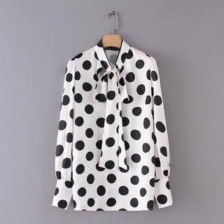 Long-sleeve Dotted Tie-neck Blouse