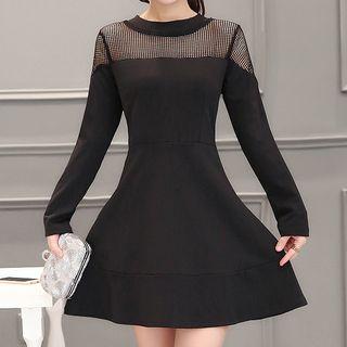 Mesh Panel Long Sleeve A-line Dress