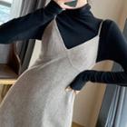 Set: Long-sleeve Turtleneck T-shirt + Knit Midi Overall Dress
