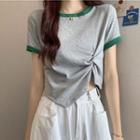 Short-sleeve Contrast Trim Asymmetrical Cropped T-shirt
