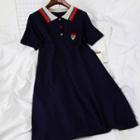 Heart Embroidered Short-sleeve Knit A-line Polo Dress Navy Blue - One Size