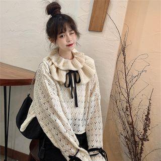 Tie Neck Ruffle Trim Sweater Beige Almond - One Size