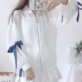 Bow Accent Chiffon Light Jacket White - One Size