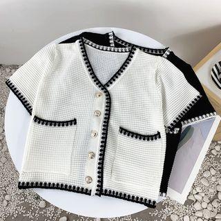 Contrast Trim V-neck Short-sleeve Cropped Knit Cardigan