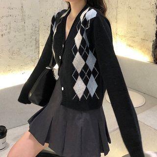 V-neck Argyle Cardigan Black - One Size