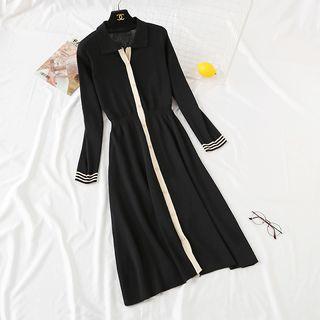 Contrast Stripe Single-breasted Knit Dress