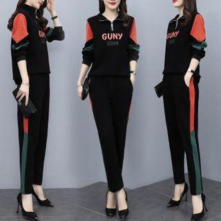 Set: Lettering Half-zip Sweatshirt + Tapered Pants