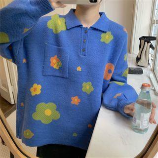 Floral Embroidered Polo Neck Knit Top