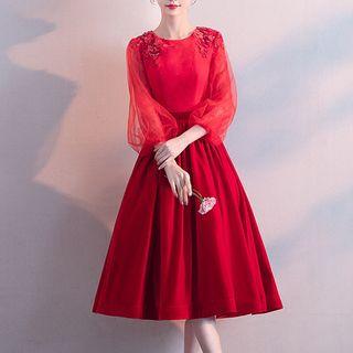 Balloon-sleeve A-line Midi Prom Dress