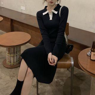 Contrast Trim Lapel Long-sleeve Knit Dress