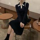 Contrast Trim Lapel Long-sleeve Knit Dress