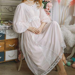 Long-sleeve Mesh Overlay Night Gown