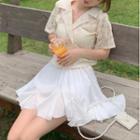 Notch Lapel Short-sleeve Lace Blouse / Mini A-line Skirt
