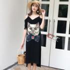 Cat Print Off Shoulder Elbow Sleeve T-shirt Dress