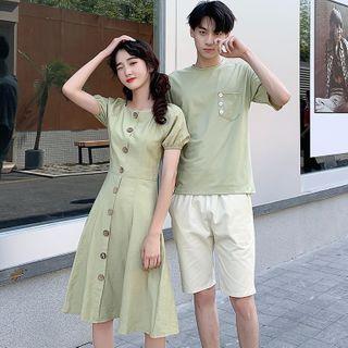 Couple Matching Pocket Detail Short-sleeve T-shirt / Buttoned A-line Dress / Shorts