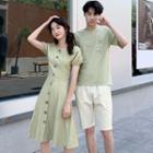 Couple Matching Pocket Detail Short-sleeve T-shirt / Buttoned A-line Dress / Shorts