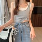 Color Block Mock Two Piece Skinny Knitted Tank Top