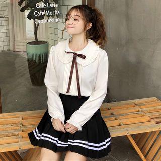 Long-sleeve Bow Accent Blouse / Mini Pleated Skirt
