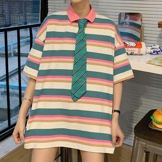 Tie-neck Striped Elbow-sleeve Polo Shirt