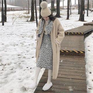 Leopard Print Midi Skirt With Scarf Gray - One Size