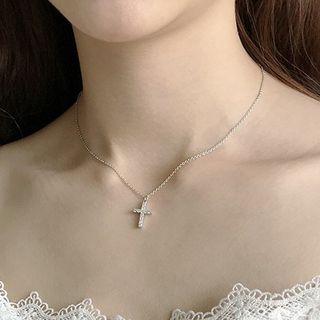 925 Sterling Silver Rhinestone Cross Pendant Necklace Sterling Silver - As Shown In Figure - One Size
