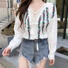 Crochet Lace Panel Embroidered Blouse White - One Size